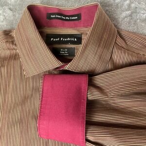 Paul Fredrick Mens Non Iron Two Ply Cotton Slim Fit Striped Dress Shirt 15 x 33